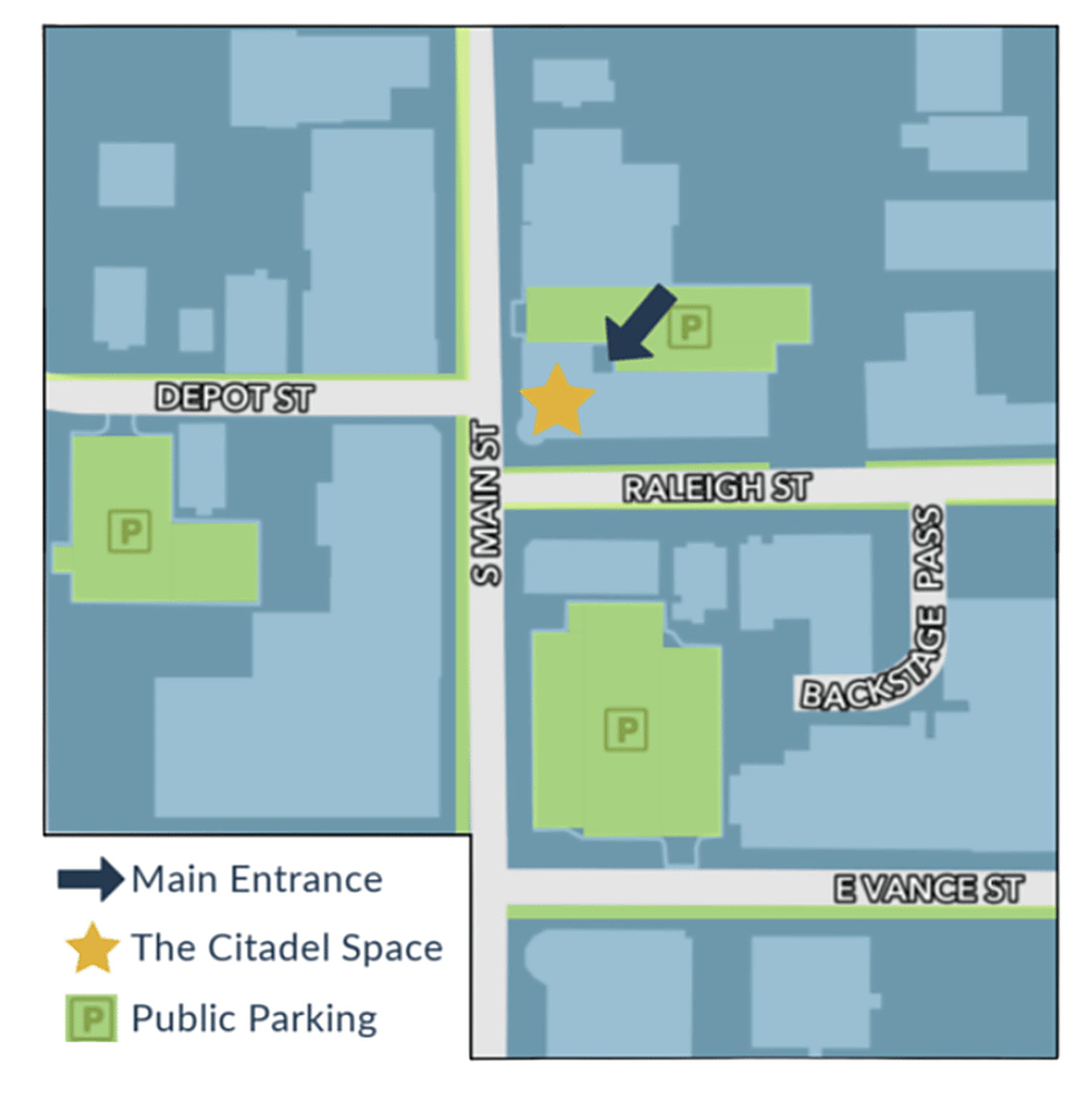 Map showing The Citadel Event Space entrance and public parking