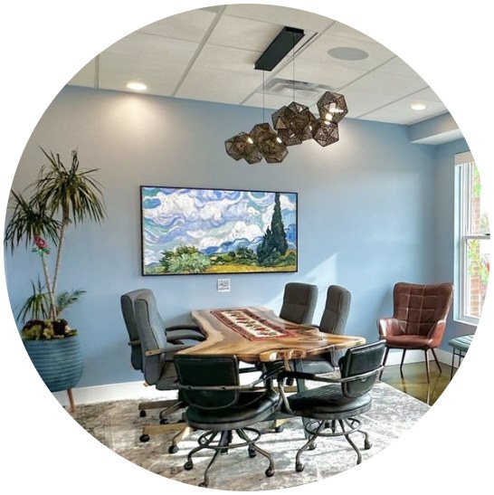 Conference table with TV display