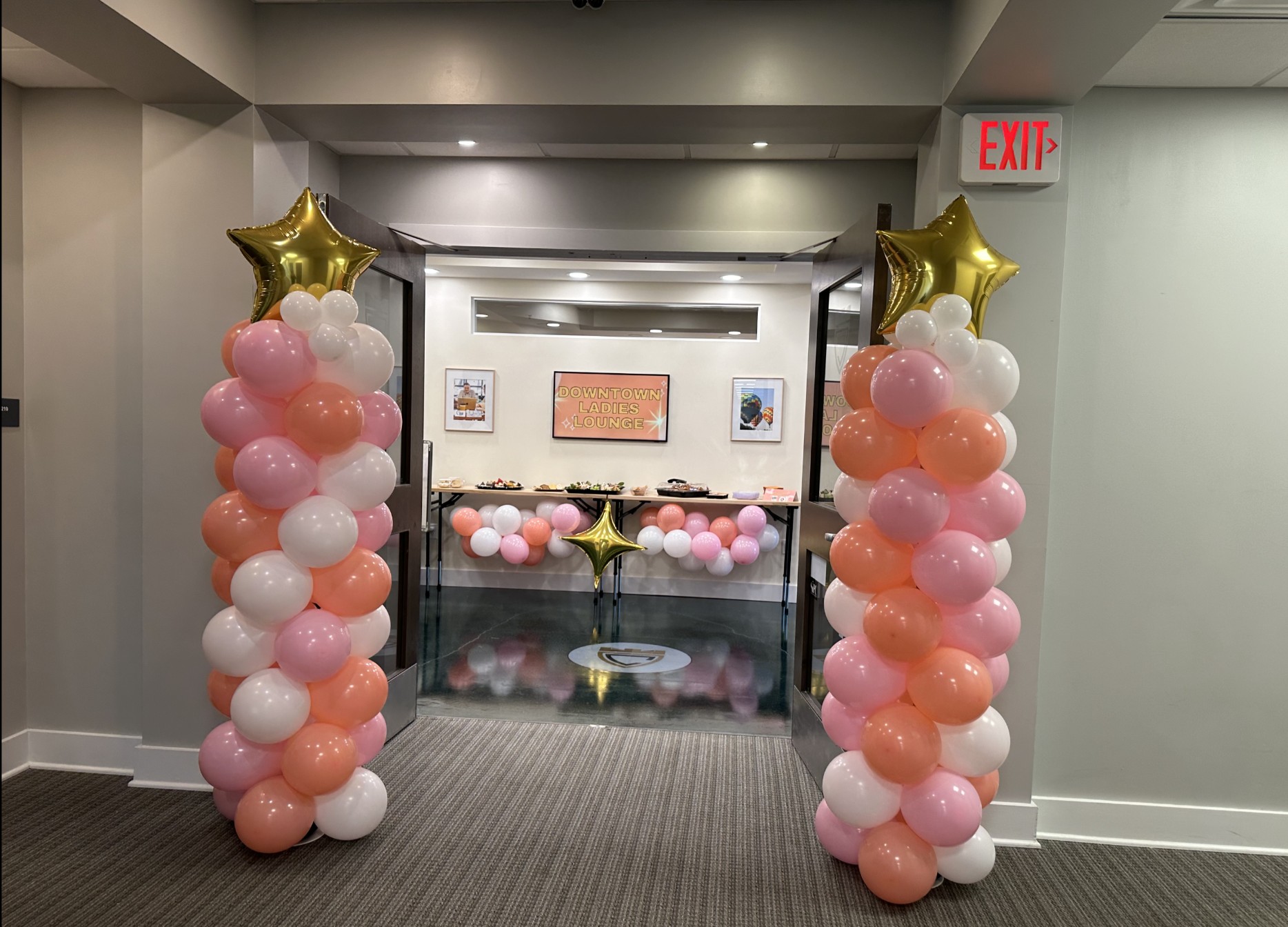 The Citadel lobby entrance decorated with balloon columns for a party